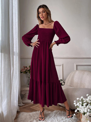 Womens Solid Color Smocked Long Sleeve Tiered Maxi Dress SIZE S-4XL