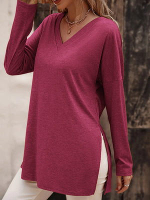 Womens Solid Color V Neck Essential Long Sleeve Side Slit Longline Top SIZE S-XL