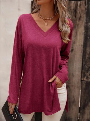 Womens Solid Color V Neck Essential Long Sleeve Side Slit Longline Top SIZE S-XL