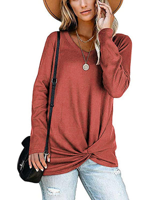 Womens Solid Color Twist Front Long Sleeve Knit Top SIZE S-XL