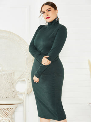 Womens Solid Color Turtleneck Long Sleeve Plus Size Dress SIZE XL-5XL