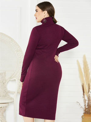 Womens Solid Color Turtleneck Long Sleeve Plus Size Dress SIZE XL-5XL
