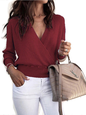 Womens Solid Color Crossover Wrap Rib Sweater SIZE S-XL
