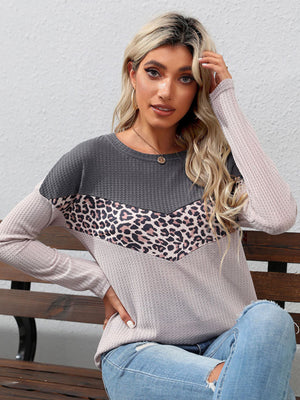 Womens Leopard Print Chevron Colorblock Rib Knit Long Sleeve Top SIZE S-XL