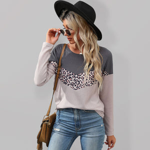 Womens Leopard Print Chevron Colorblock Rib Knit Long Sleeve Top SIZE S-XL