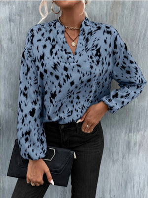 Womens Long Sleeve Stand Collar V Neck Blouse SIZE S-2XL
