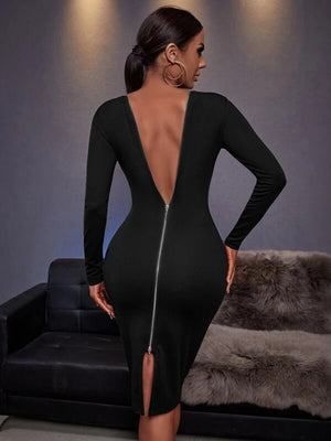 Womens Backless Zipper Deep V Slim Fit Dress SIZE S-XL