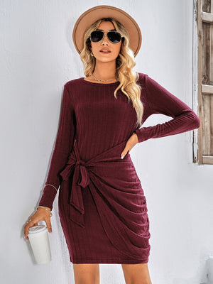 Womens Solid Color Tie Front Rib knit Crew Neck Mini Dress SIZE S-XL