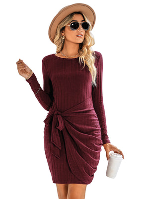 Womens Solid Color Tie Front Rib knit Crew Neck Mini Dress SIZE S-XL