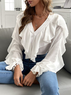 Womens V Neck Ruffle Long Sleeves Top SIZE S-L