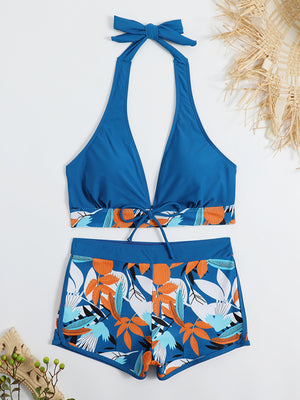 Womens Split High Waist Boxer Ties Printed Solid Color Bikini SIZE S-XK
