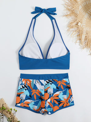 Womens Split High Waist Boxer Ties Printed Solid Color Bikini SIZE S-XK