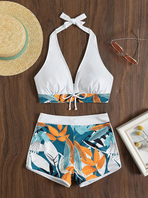 Womens Split High Waist Boxer Ties Printed Solid Color Bikini SIZE S-XK
