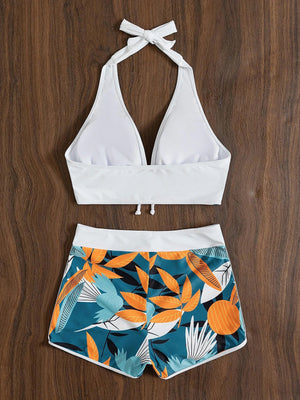 Womens Split High Waist Boxer Ties Printed Solid Color Bikini SIZE S-XK
