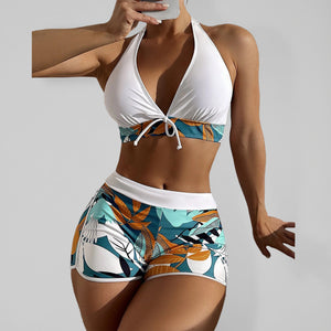 Womens Split High Waist Boxer Ties Printed Solid Color Bikini SIZE S-XK