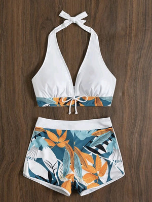 Womens Split High Waist Boxer Ties Printed Solid Color Bikini SIZE S-XK