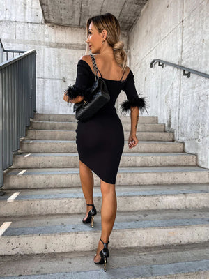 Womens Knitted Sexy One Line Neck Fur Sleeve Dress SIZE S-XL
