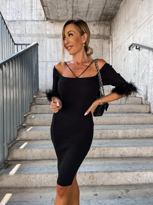 Womens Knitted Sexy One Line Neck Fur Sleeve Dress SIZE S-XL