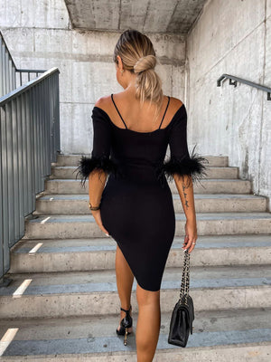Womens Knitted Sexy One Line Neck Fur Sleeve Dress SIZE S-XL