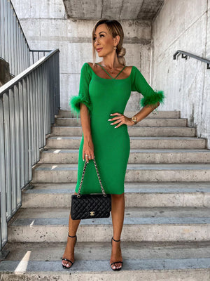 Womens Knitted Sexy One Line Neck Fur Sleeve Dress SIZE S-XL
