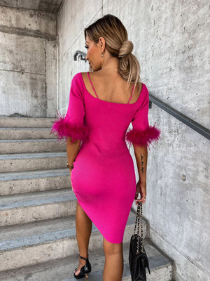 Womens Knitted Sexy One Line Neck Fur Sleeve Dress SIZE S-XL