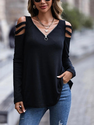 Womens Off Shoulder Zipper Long Sleeve Waffle Top SIZE S-XL