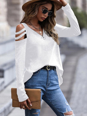 Womens Off Shoulder Zipper Long Sleeve Waffle Top SIZE S-XL