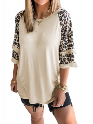 Womens Leopard Print Stitching Round Neck Loose Top SIZE S-2XL