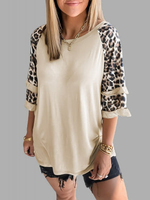 Womens Leopard Print Stitching Round Neck Loose Top SIZE S-2XL