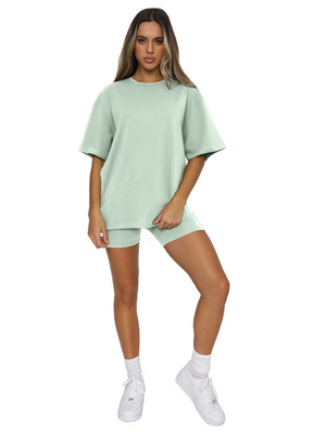 Womens Solid Color Casual Short-Sleeved + Shorts Two-Piece Sets SIZE S-2XL