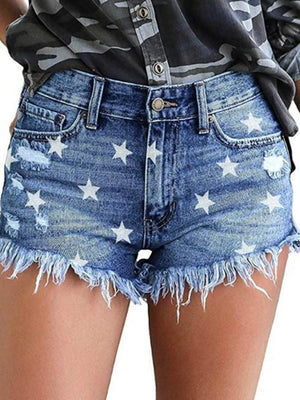 Womens All Over Star Print Denim Shorts SIZE S-2XL