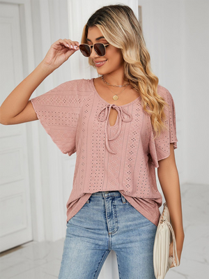Womens Solid Color Flutter Sleeve Tie Neck Top SIZE S-2XL