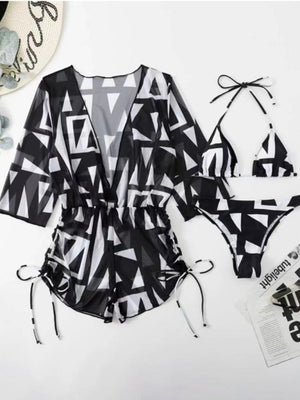 Womens Tropical Print Deep V Neck Long Sleeve 3 Piece Set SIZE S-XL