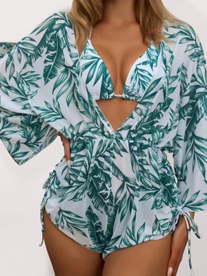 Womens Tropical Print Deep V Neck Long Sleeve 3 Piece Set SIZE S-XL