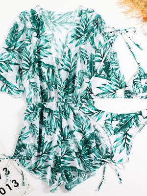 Womens Tropical Print Deep V Neck Long Sleeve 3 Piece Set SIZE S-XL