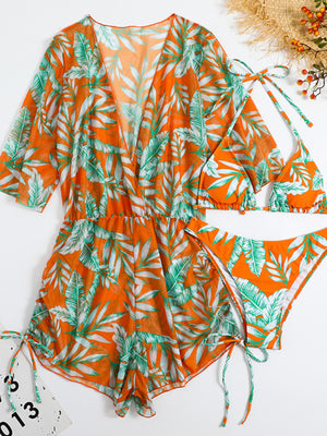 Womens Tropical Print Deep V Neck Long Sleeve 3 Piece Set SIZE S-XL