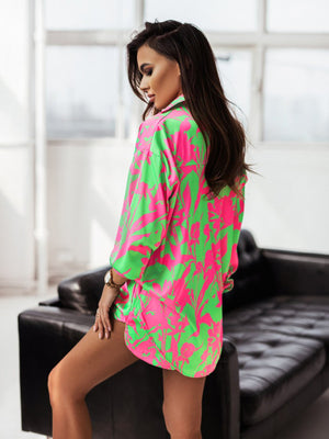 Womens Bright Printed Long Sleeve Notch Collar Top And Short Set SIZE S-2XL