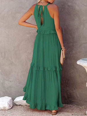 Womens Solid Color Halter Neck Ruffle Tiered Maxi Dress SIZE S-XL