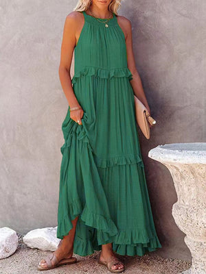 Womens Solid Color Halter Neck Ruffle Tiered Maxi Dress SIZE S-XL