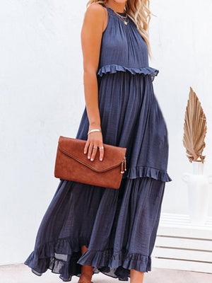 Womens Solid Color Halter Neck Ruffle Tiered Maxi Dress SIZE S-XL