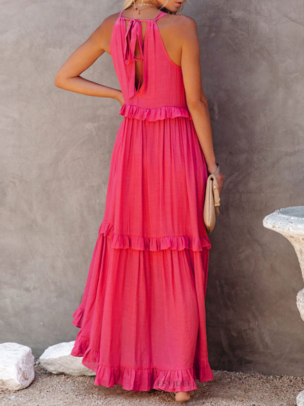 Womens Solid Color Halter Neck Ruffle Tiered Maxi Dress SIZE S-XL