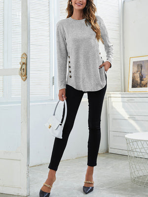 Womens Side Simple Button Long Sleeve Sweater SIZE S-2XL