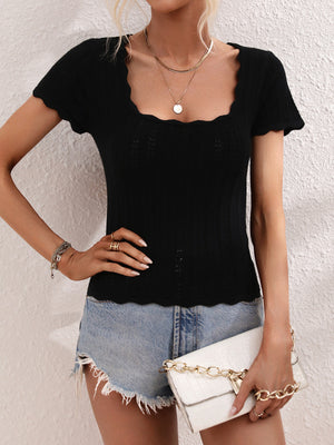 Womens Solid Color Open Knit Square Neck Top SIZE S-XL