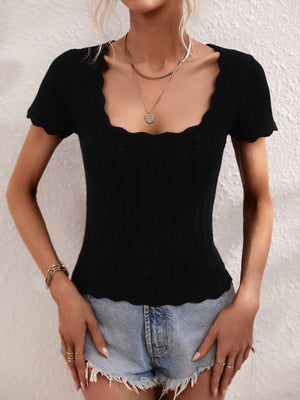 Womens Solid Color Open Knit Square Neck Top SIZE S-XL