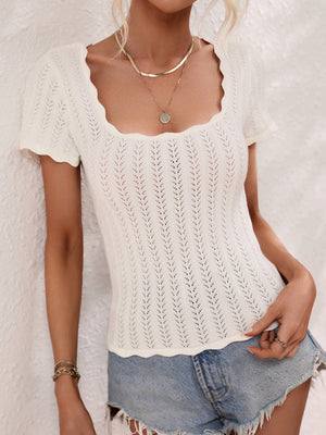 Womens Solid Color Open Knit Square Neck Top SIZE S-XL