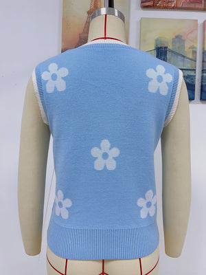 Womens Contrasting Color Jacquard V Neck Sleeveless Knit Top SIZE S-XL