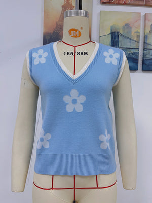 Womens Contrasting Color Jacquard V Neck Sleeveless Knit Top SIZE S-XL