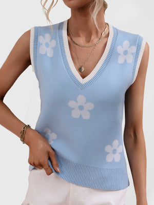 Womens Contrasting Color Jacquard V Neck Sleeveless Knit Top SIZE S-XL