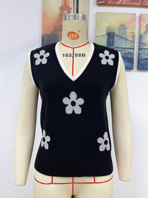 Womens Contrasting Color Jacquard V Neck Sleeveless Knit Top SIZE S-XL