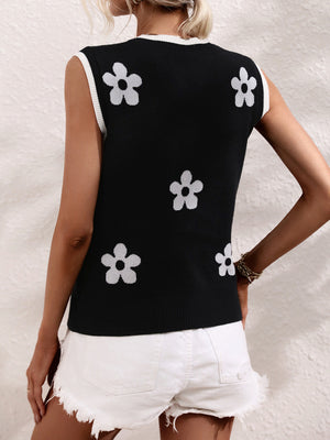 Womens Contrasting Color Jacquard V Neck Sleeveless Knit Top SIZE S-XL